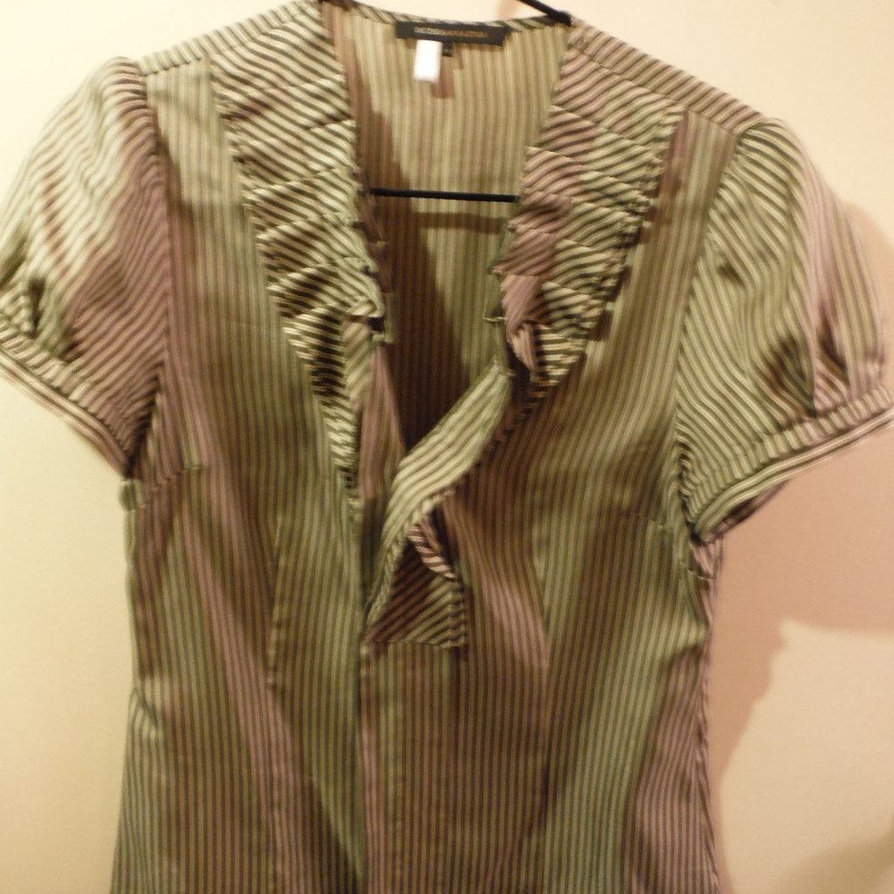BCBGMaxAzria Green and Brown Striped Ruffled Blouse